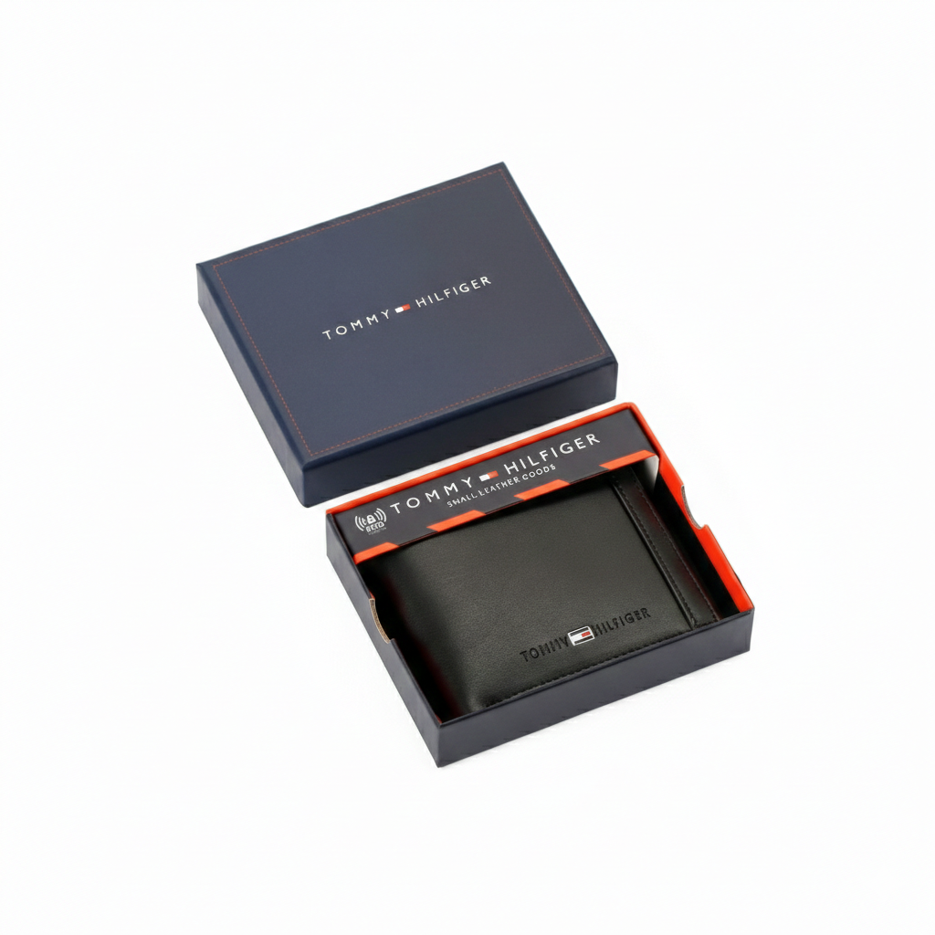 Authentic Tommy Hilfiger men's black genuine leather bifold wallet with vertical branding detail, presented in a premium navy branded gift box