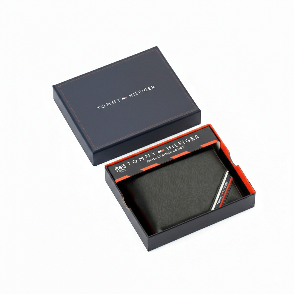 Authentic Tommy Hilfiger men's black genuine leather bifold wallet featuring the iconic flag ribbon detail, presented in a premium navy branded gift box