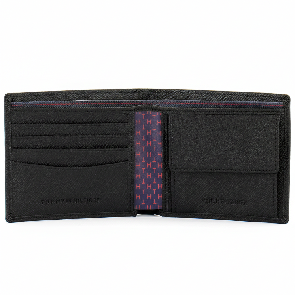 Interior view of an open Tommy Hilfiger men's black leather wallet featuring card slots on the left and a removable passcase insert with a clear ID window on the right.