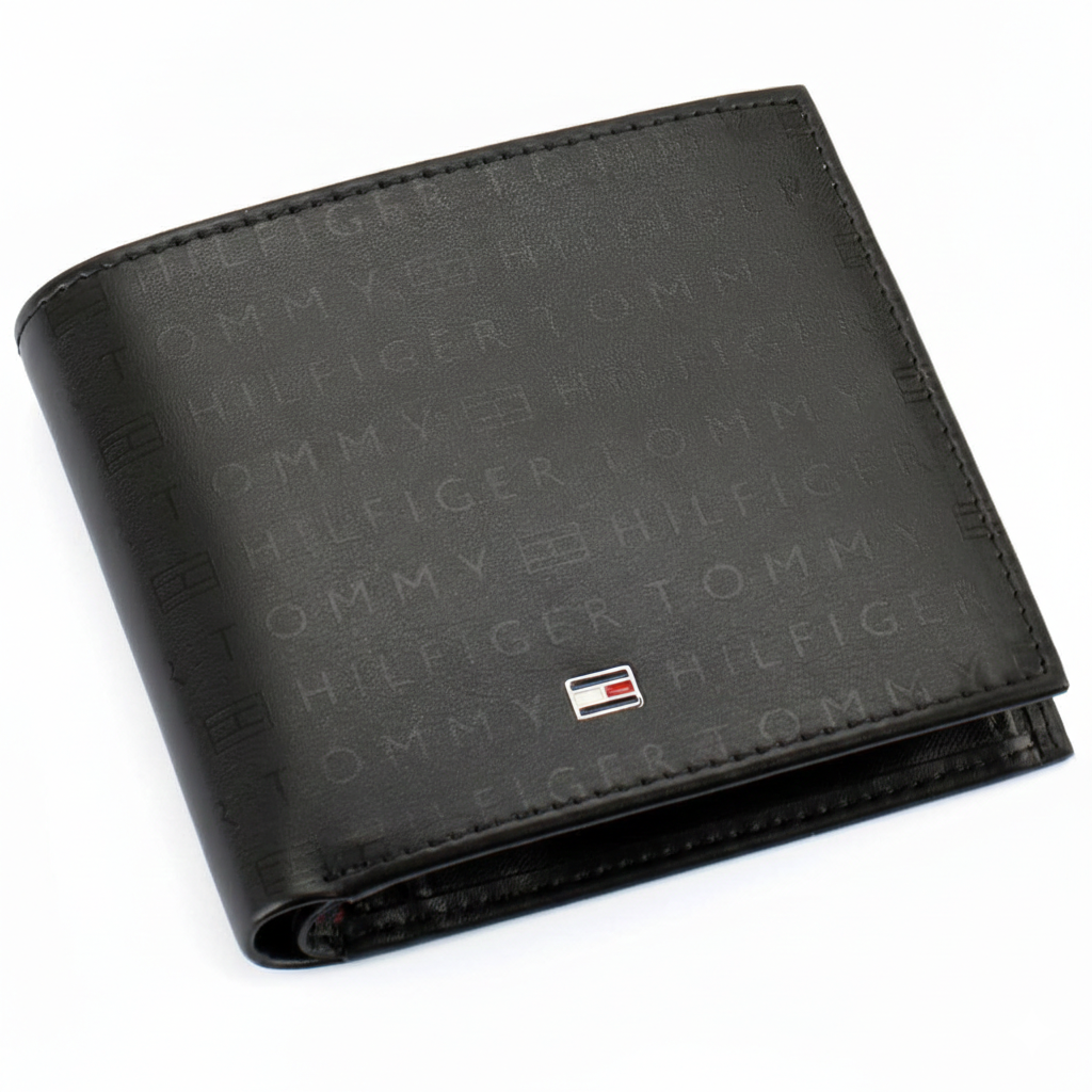 Front view of a Tommy Hilfiger men's black genuine leather bifold wallet featuring an all-over embossed monogram pattern and a silver-toned metal flag logo