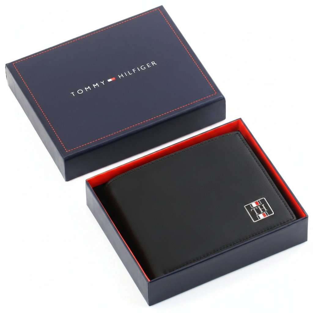 Authentic Tommy Hilfiger men's black Saffiano leather bifold wallet with enamel flag logo, presented in a premium navy branded gift box