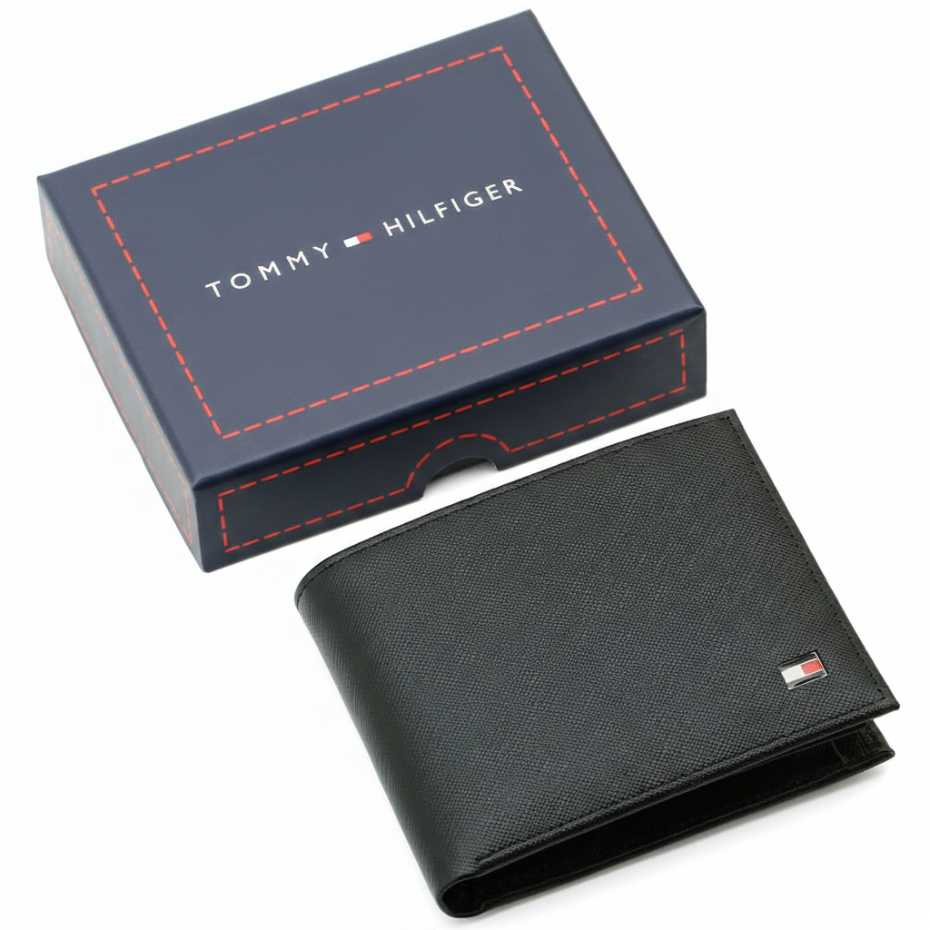 Authentic Tommy Hilfiger men's black Saffiano leather bifold wallet with enamel flag logo, presented in a premium navy branded gift box