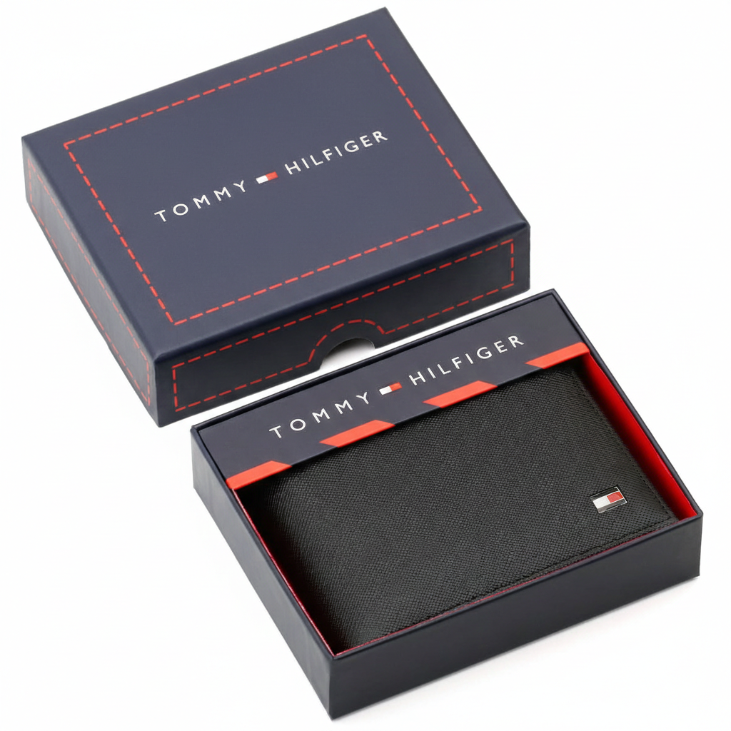 Authentic Tommy Hilfiger men's black Saffiano leather bifold wallet with enamel flag logo, presented in a premium navy branded gift box