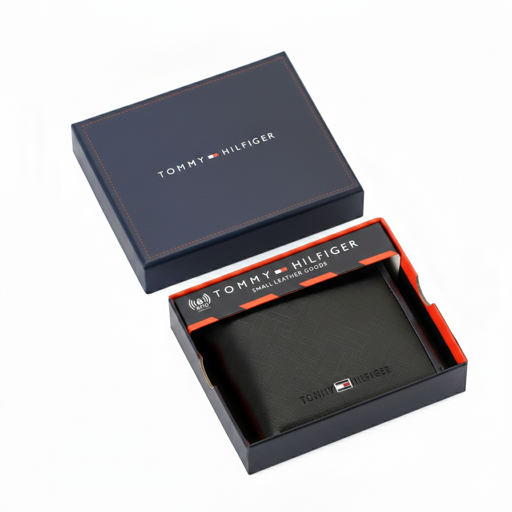 Tommy Hilfiger men's black leather wallet with a textured grid pattern presented inside its original navy blue branded gift box