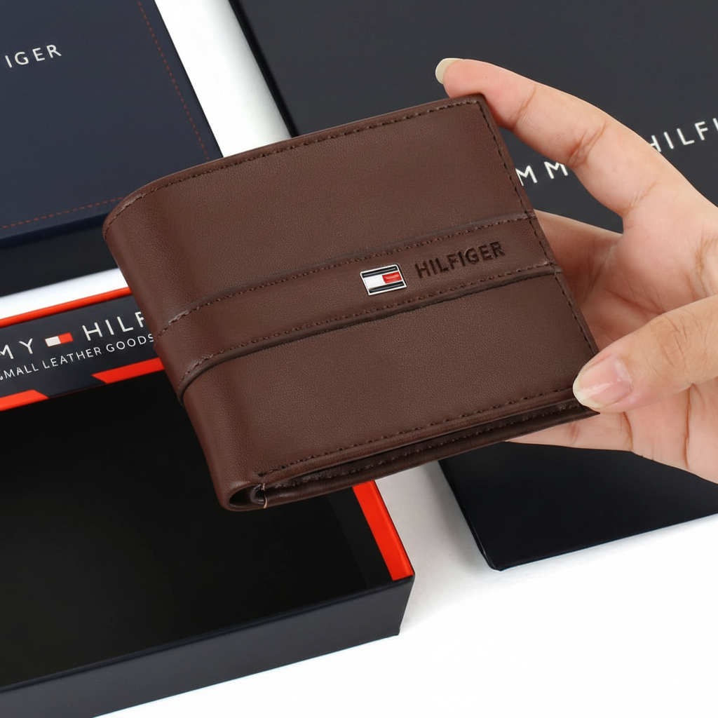 Handheld view of an authentic Tommy Hilfiger men's brown genuine leather bifold wallet with a sleek horizontal stripe and silver metal logo, shown with its premium navy gift box