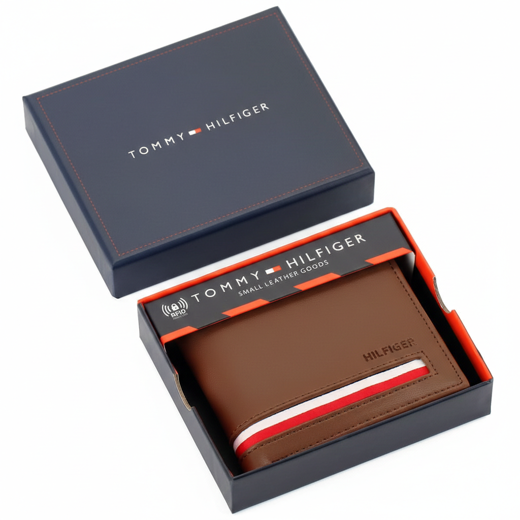 Authentic Tommy Hilfiger men's brown genuine leather bifold wallet with horizontal branding stripe, displayed in its premium navy branded gift box