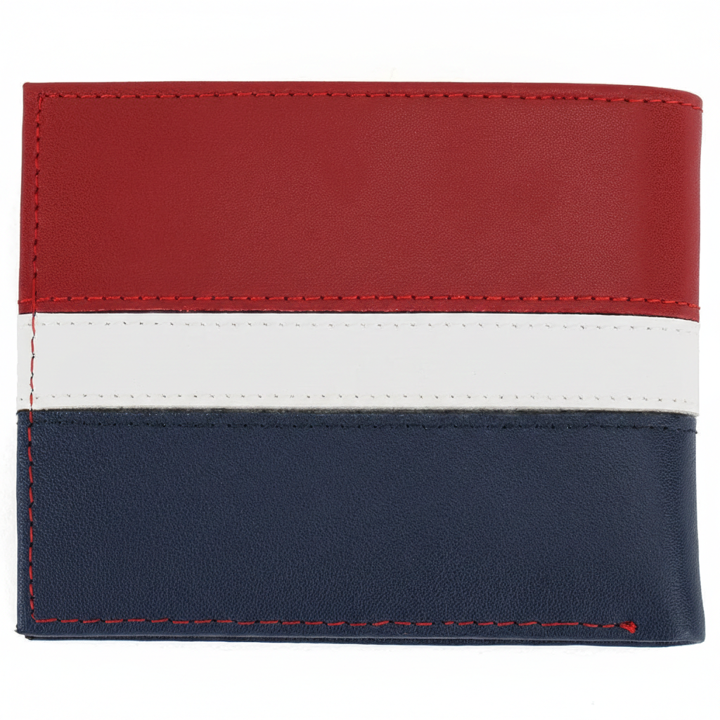 Front view of a Tommy Hilfiger men's leather wallet showcasing a bold horizontal stripe pattern in red, white, and navy blue with a small enamel flag logo