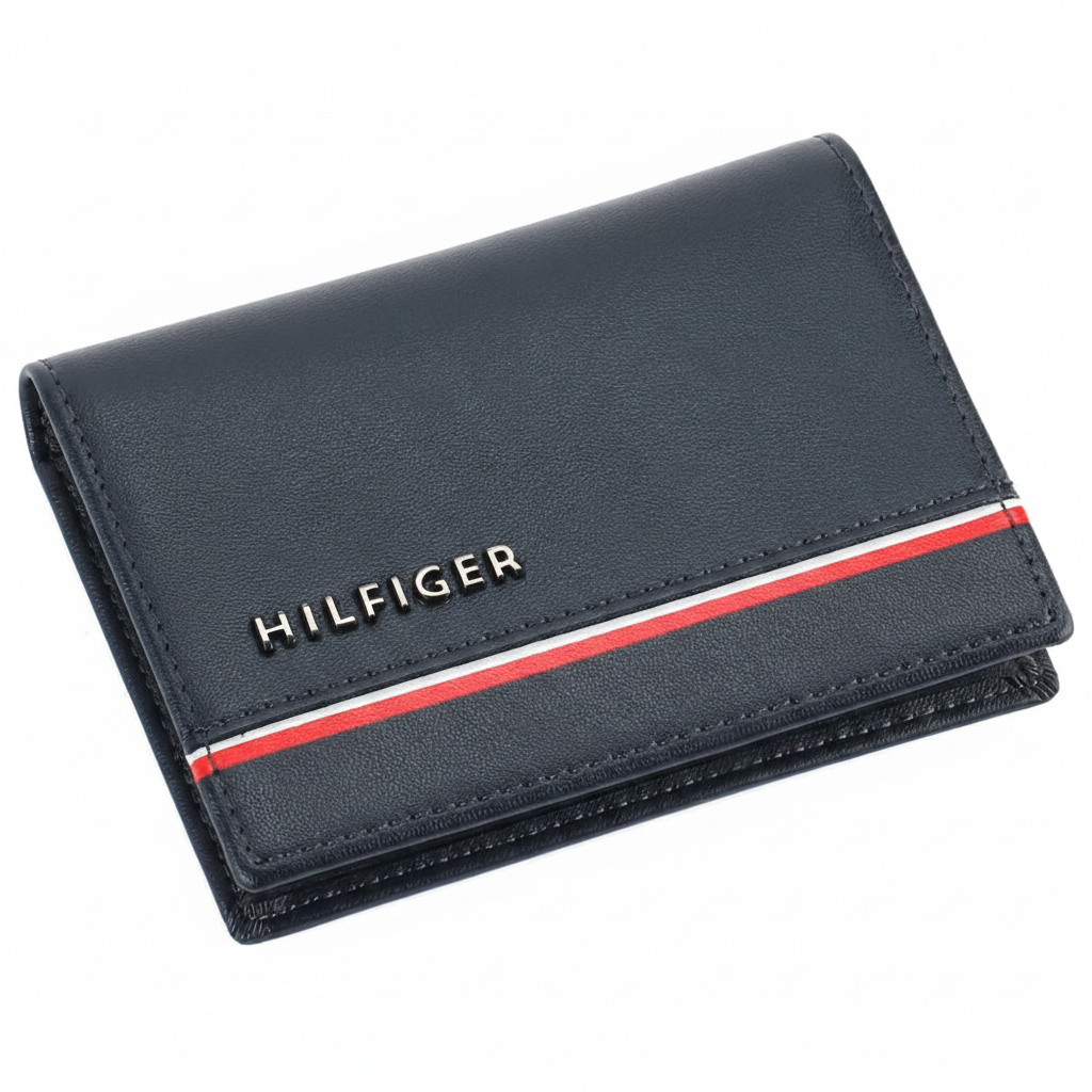 Front view of a Tommy Hilfiger men's navy blue genuine leather card case wallet with a silver-toned metal logo and iconic horizontal flag stripe