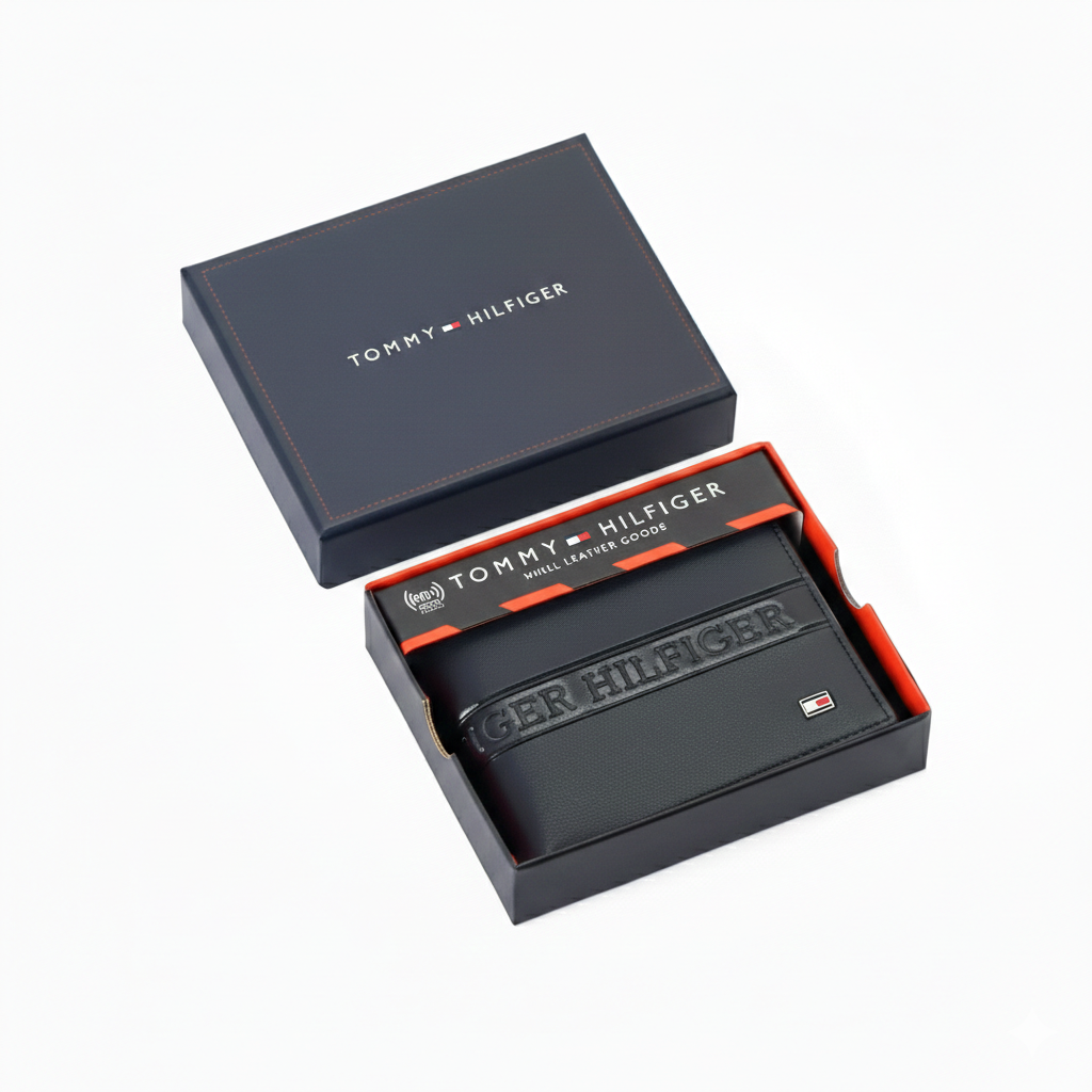 Authentic Tommy Hilfiger men's navy blue genuine leather bifold wallet featuring an embossed branding stripe and metal flag logo, presented in a premium navy gift box