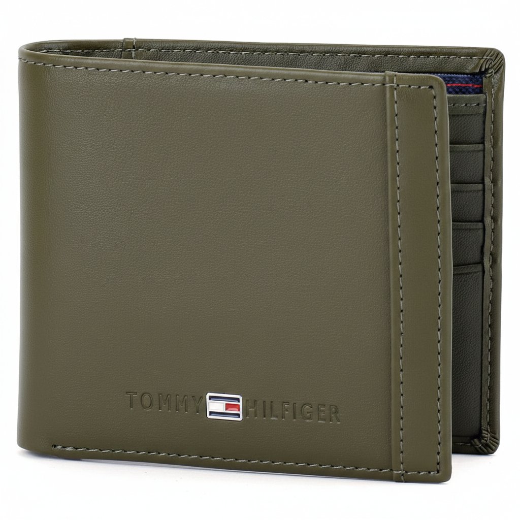 Front view of a Tommy Hilfiger men's olive green smooth leather wallet featuring an embossed brand name and a small enamel flag logo