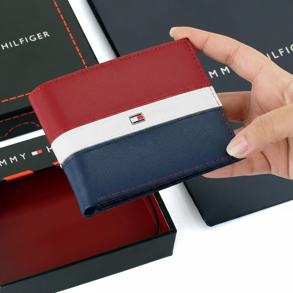 Hand holding a Tommy Hilfiger men's leather wallet featuring a bold red, white, and navy blue horizontal stripe design, displayed above its open gift box