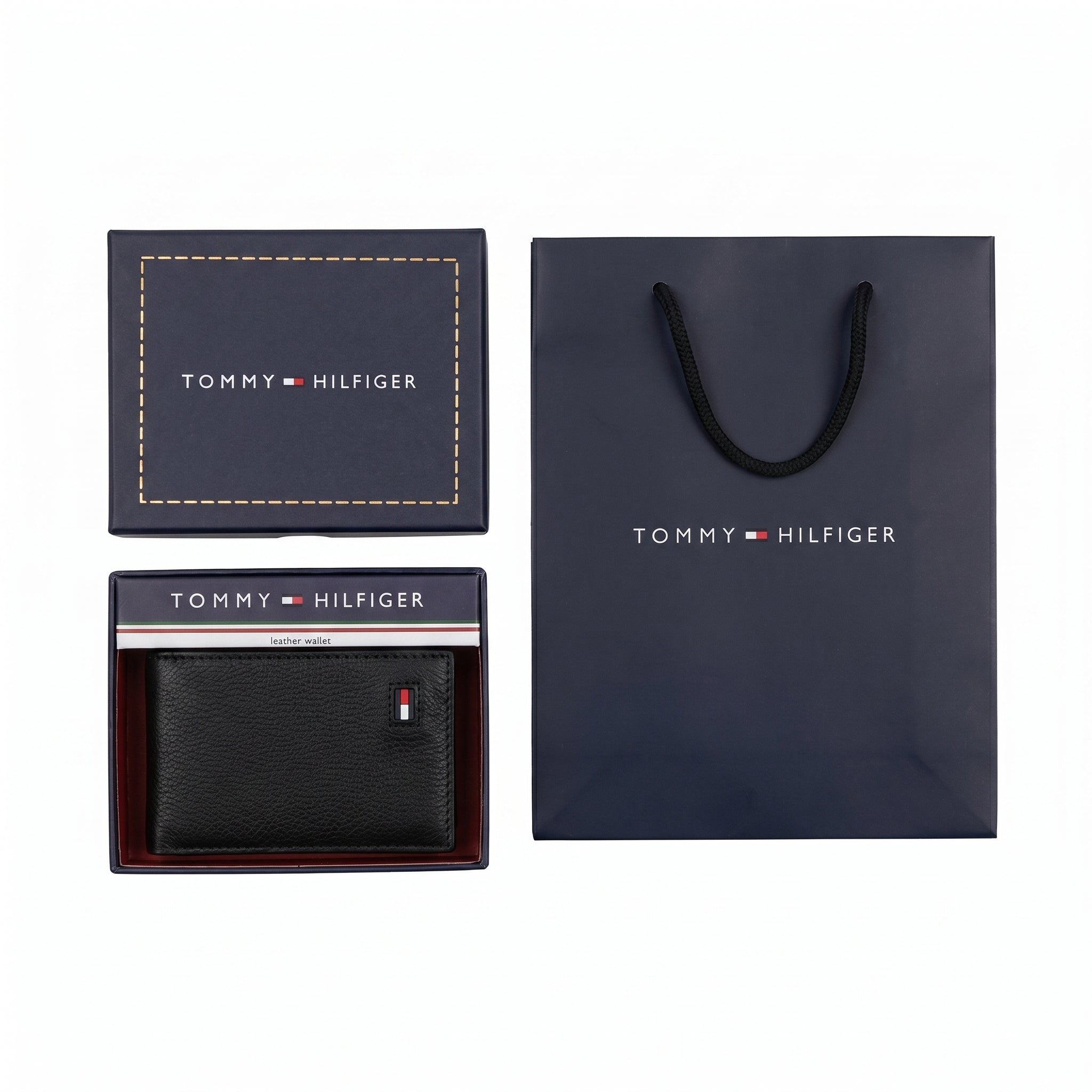 Full set of Tommy Hilfiger mirror original trifold grained leather wallet presented with its signature navy gift box and shopping bag