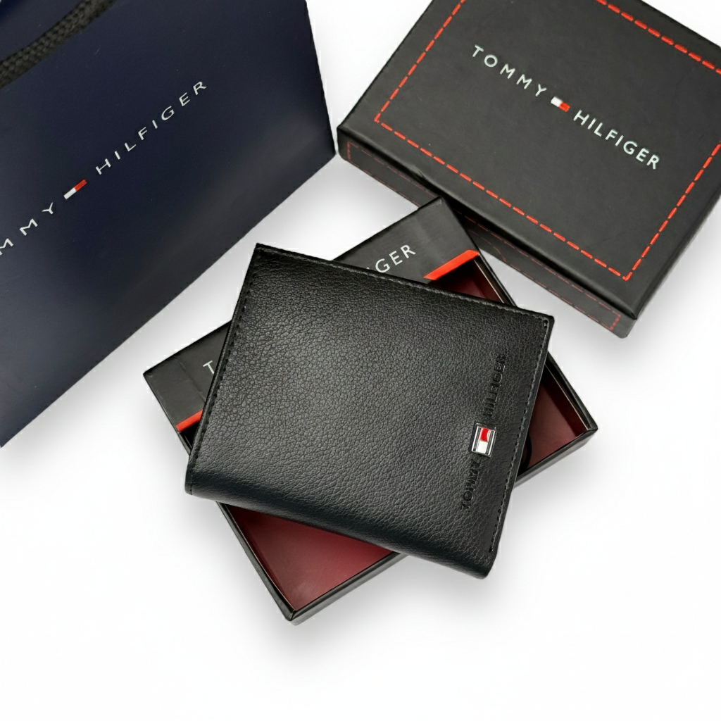 Tommy Hilfiger black leather wallet displayed inside its original gift box with lid