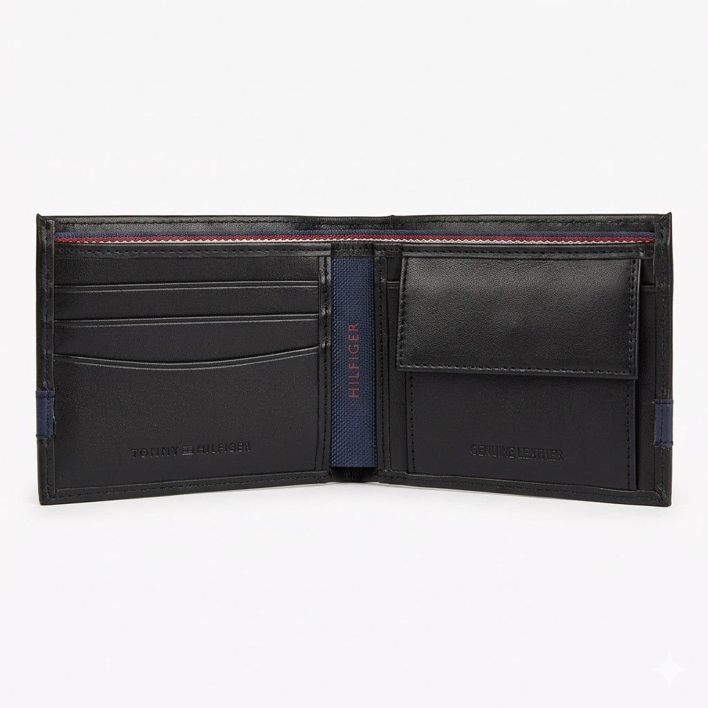 Angled studio product view of the Tommy Hilfiger mirror original detachable smooth black leather card case showcasing card slots and metal flag logo