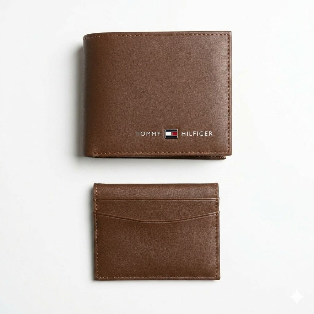 Studio product view of the Tommy Hilfiger mirror original brown smooth leather bifold wallet next to its matching standalone minimalist card holder