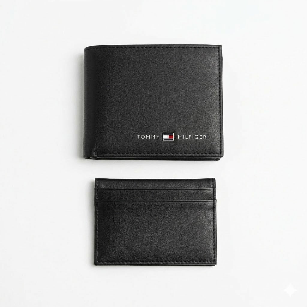 Studio product view of the Tommy Hilfiger mirror original black smooth leather bifold wallet next to its matching standalone minimalist card holder