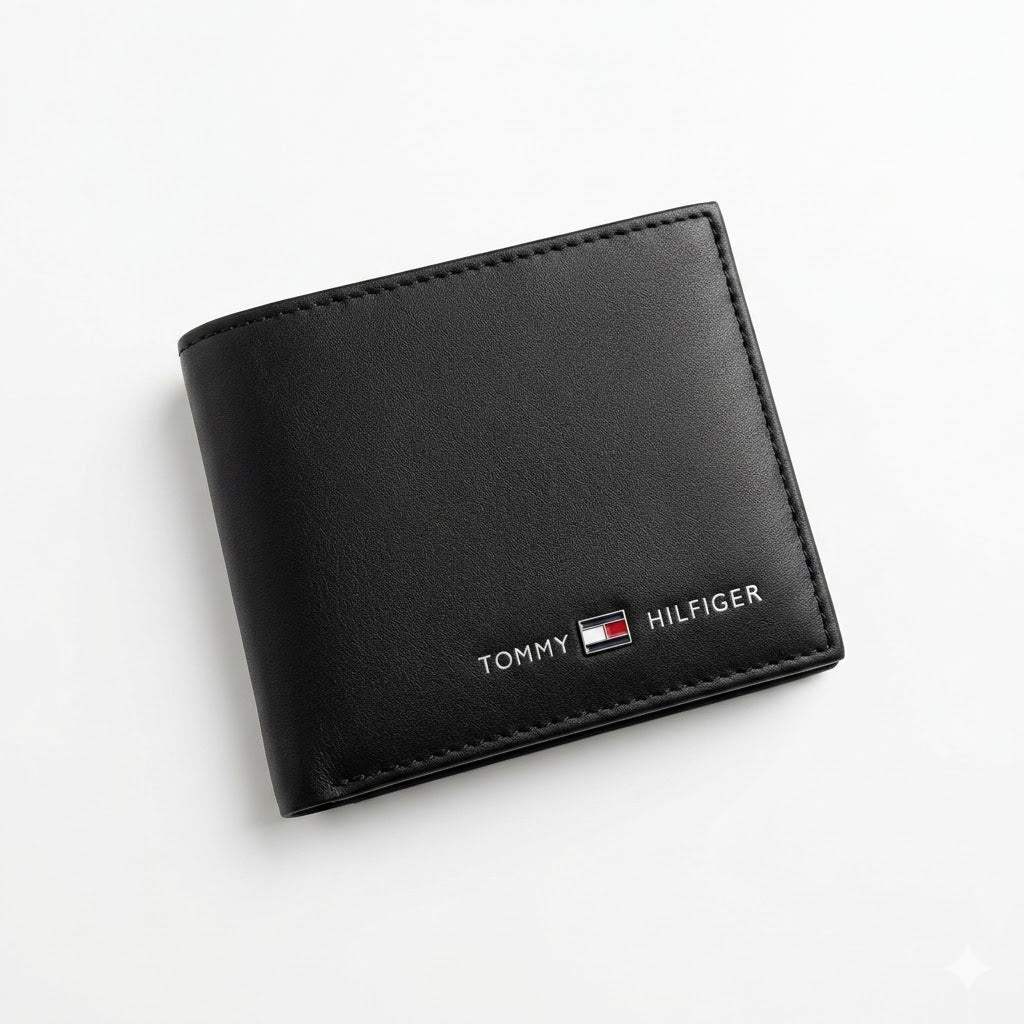 Professional angled studio photograph of the sleek Tommy Hilfiger mirror original smooth black leather bifold wallet showcasing the enamel flag and silver branding