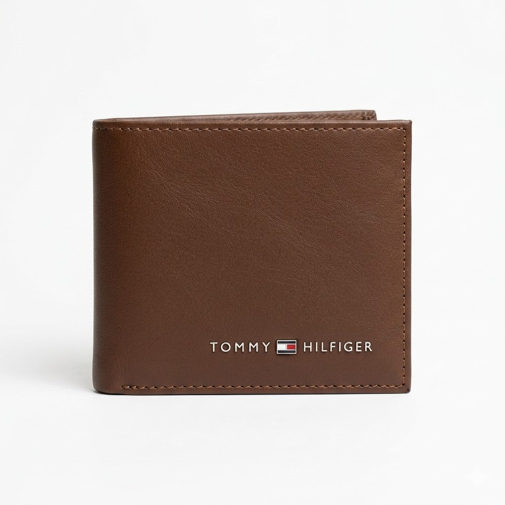Straight front view product photograph of the Tommy Hilfiger mirror original smooth brown leather bifold wallet showcasing the enamel flag and silver branding
