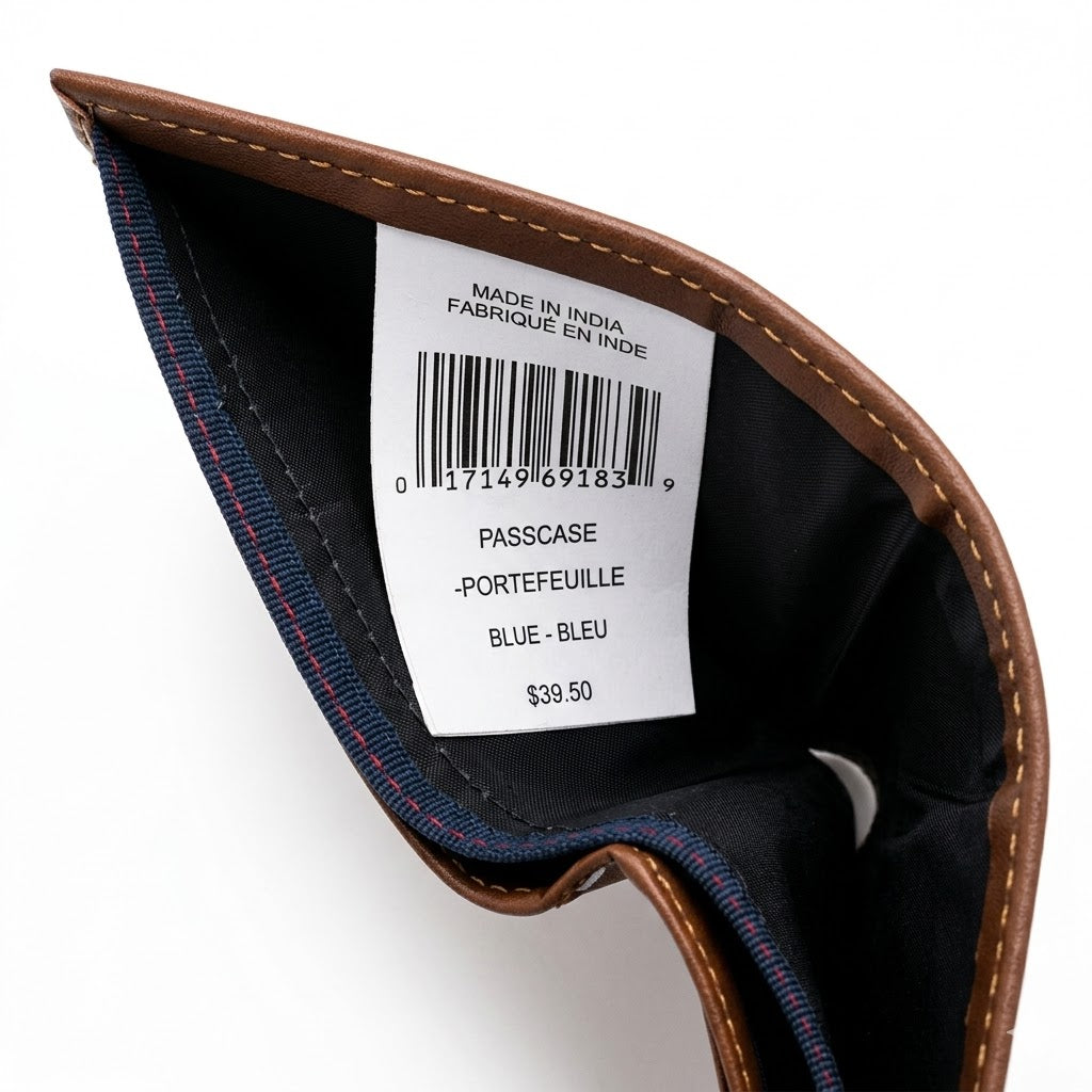 Inside view of the Tommy Hilfiger brown leather wallet currency compartment showing the original white tracking barcode label and navy fabric lining