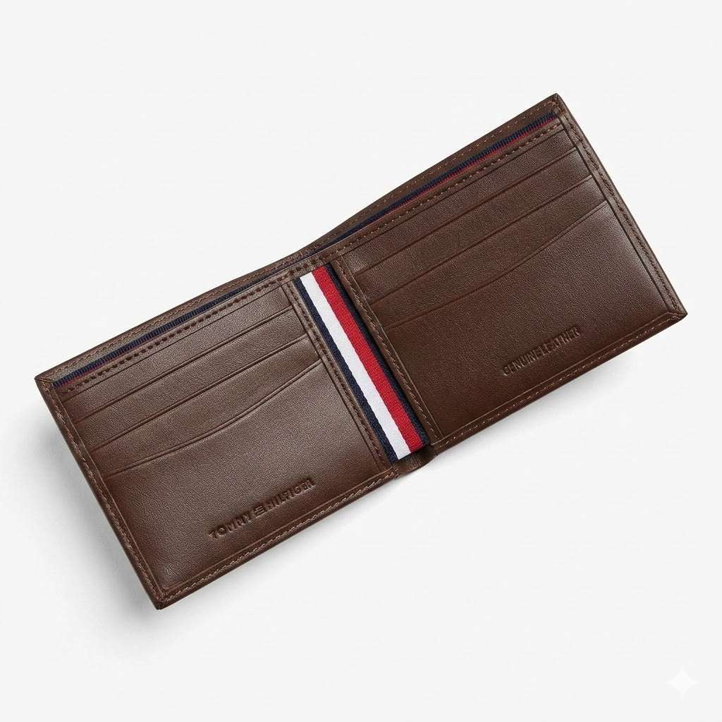 Interior layout view of the opened Tommy Hilfiger mirror original brown leather bifold wallet showcasing multi-card slots and signature color fabric stripe
