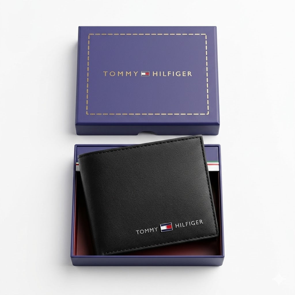 Top-down studio product photography of the Tommy Hilfiger smooth black leather wallet resting neatly inside its open premium navy branded gift box