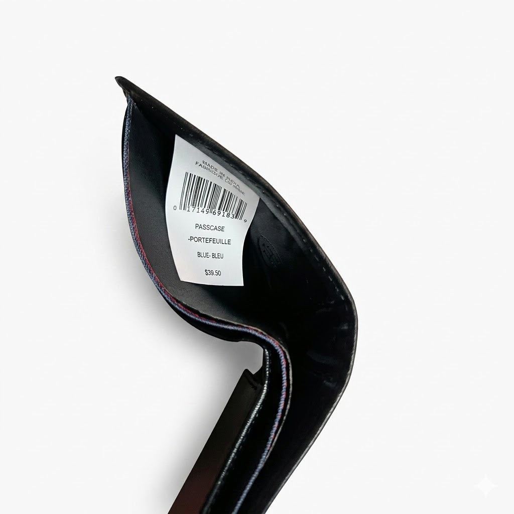 Inside view of the Tommy Hilfiger wallet currency compartment showcasing the original white tracking label, barcode tag, and navy fabric lining