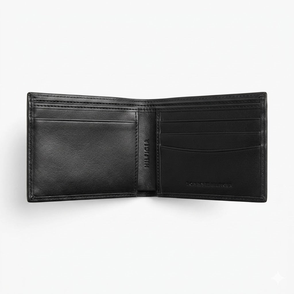 Internal layout view of the opened Tommy Hilfiger mirror original leather bifold wallet showcasing symmetrical card slots and debossed text branding