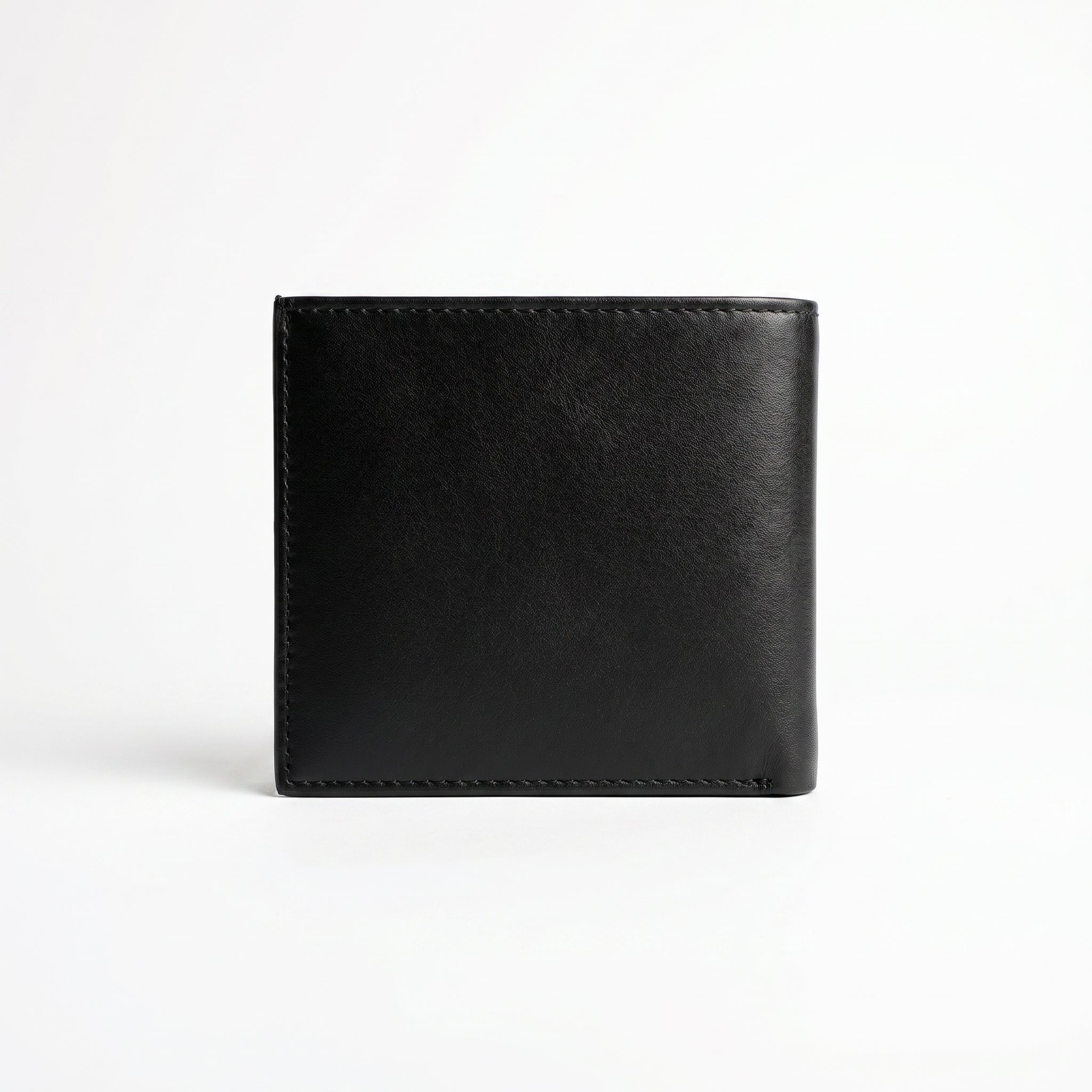 Straight back view product photography of the Tommy Hilfiger mirror original black leather wallet with card case set showing clean stitched edges