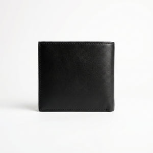 Straight back view product photography of the Tommy Hilfiger mirror original black leather wallet with card case set showing clean stitched edges