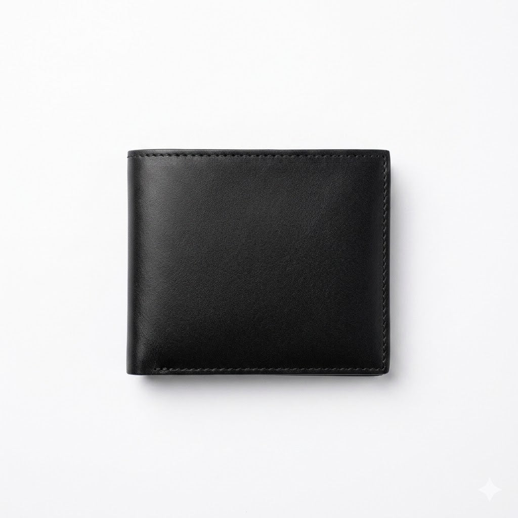 Straight back view product photography of the Tommy Hilfiger mirror original smooth black leather wallet with card case showing minimalist clean stitching