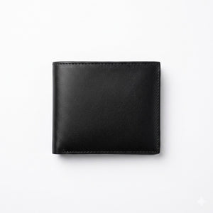 Straight back view product photography of the Tommy Hilfiger mirror original smooth black leather wallet with card case showing minimalist clean stitching