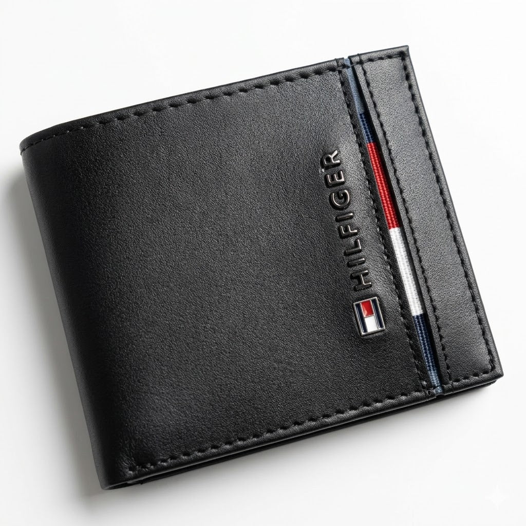 Straight front view product photography of the Tommy Hilfiger mirror original black smooth leather wallet showcasing the debossed logo text and stripe accent