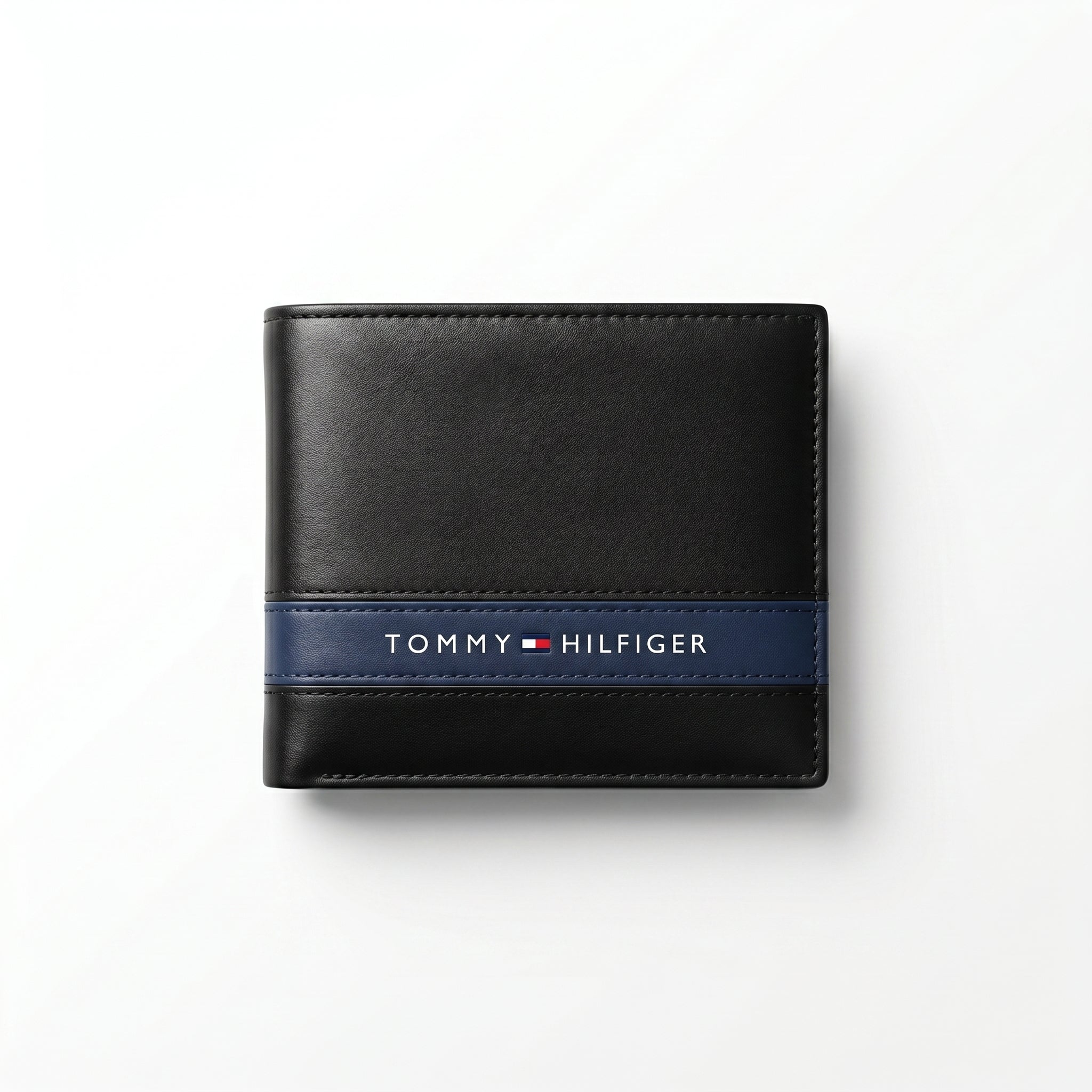 Straight front view product photography of the Tommy Hilfiger mirror original black leather wallet with embedded card case showcasing vertical ribbon details