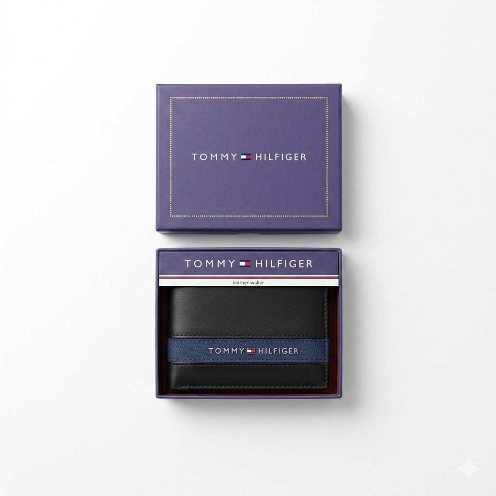 Top-down studio photograph of the Tommy Hilfiger mirror original leather wallet and card case set neatly placed inside its open premium navy gift box