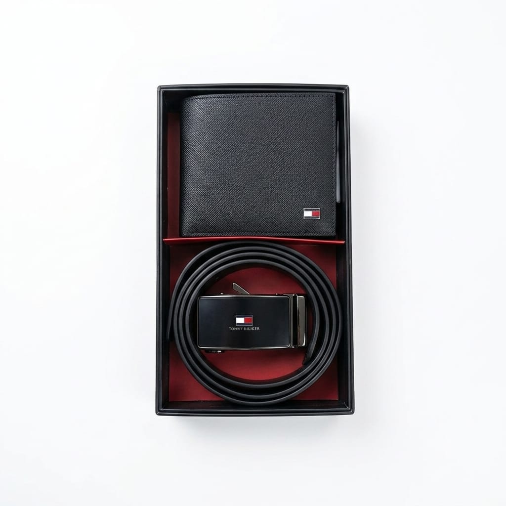 Top-down studio product view of the closed Tommy Hilfiger premium presentation gift box featuring a transparent window showcasing the smooth wallet and black belt buckle