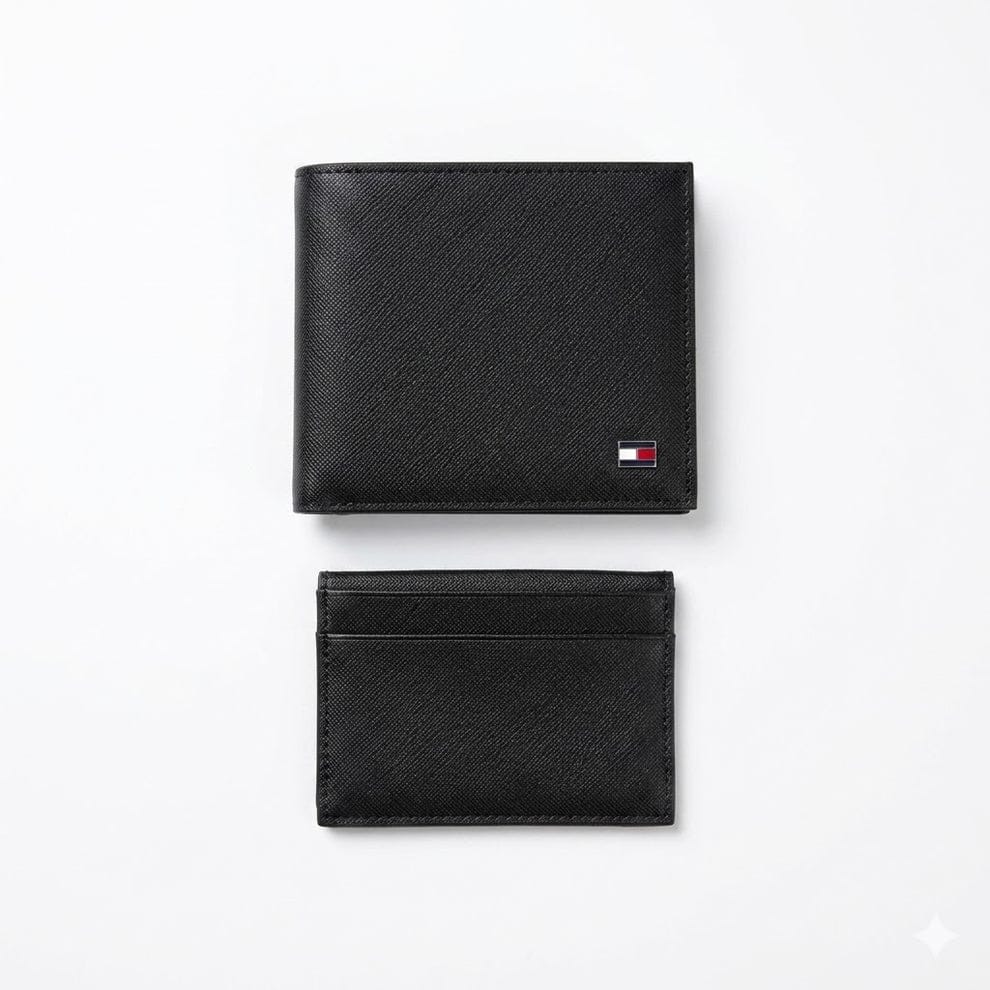 Live layout presentation of the Tommy Hilfiger smooth black leather bifold wallet showcasing clean premium stitching detail