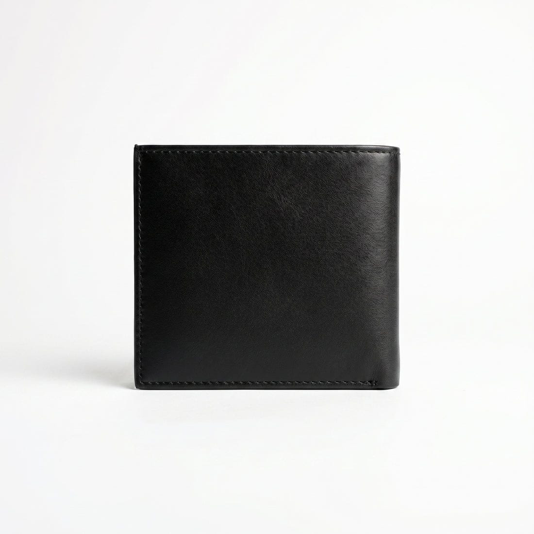 Live back view smartphone product photography of the Tommy Hilfiger saffiano textured black leather wallet showing clean minimalist stitched edges