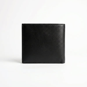 Live back view smartphone product photography of the Tommy Hilfiger saffiano textured black leather wallet showing clean minimalist stitched edges