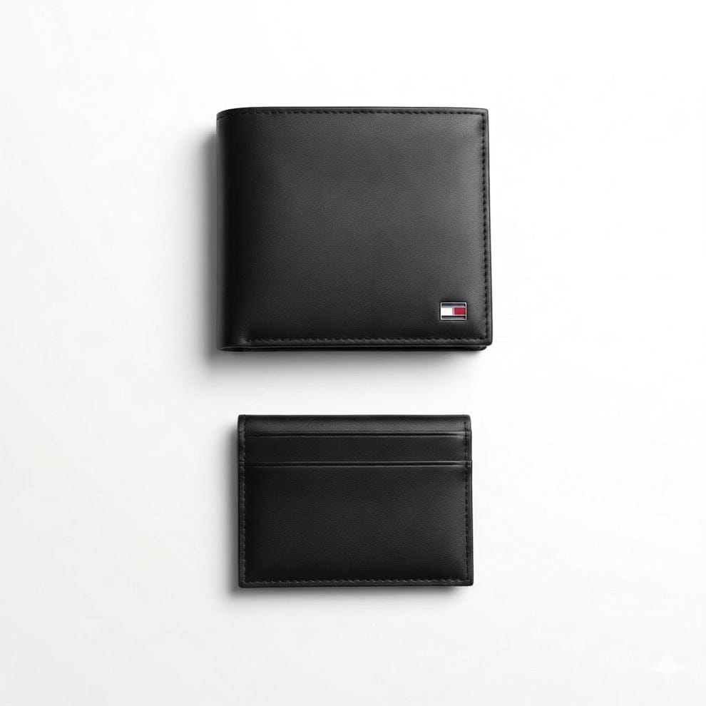 Live layout presentation of the Tommy Hilfiger saffiano textured black leather bifold wallet showcasing clean premium stitching detail