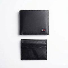 Live interior view of the opened Tommy Hilfiger smooth and saffiano textured black leather bifold wallet showcasing symmetrical multi-card slots