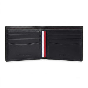 Live open layout view of the Tommy Hilfiger textured black leather bifold wallet interior showcasing symmetrical card slots and clean stitched edges