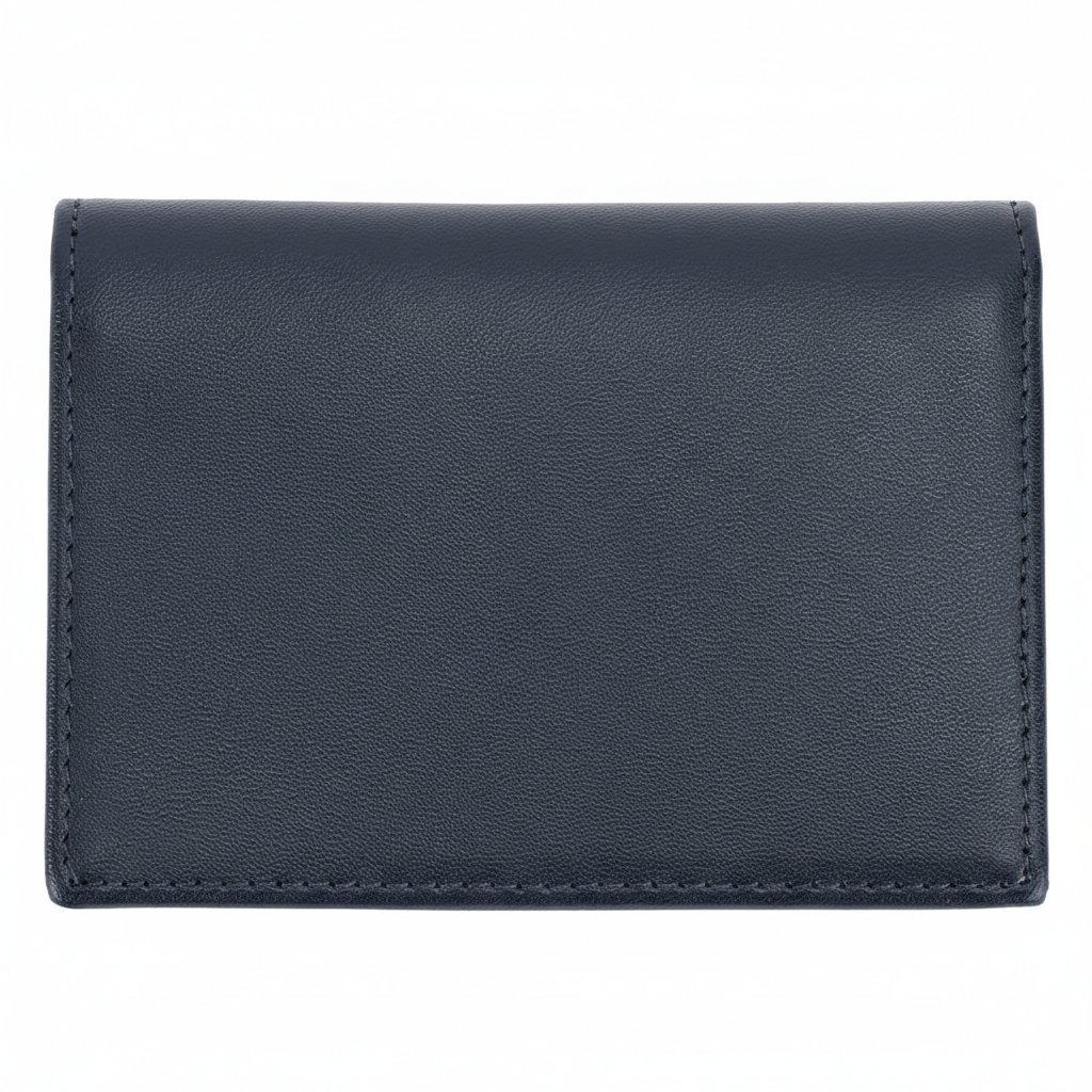 Rear view of the Tommy Hilfiger navy blue genuine leather card case wallet showing the high-quality stitching and smooth leather texture