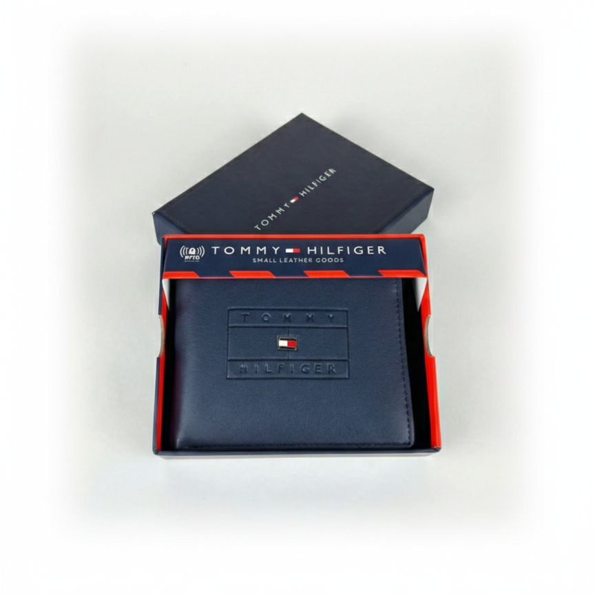 Tommy Hilfiger wallet in a branded box on a white background