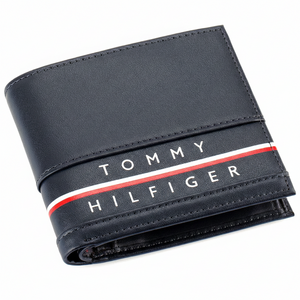 Front view of Tommy Hilfiger Navy Blue Wallet with Horizontal Stripe and Logo Text