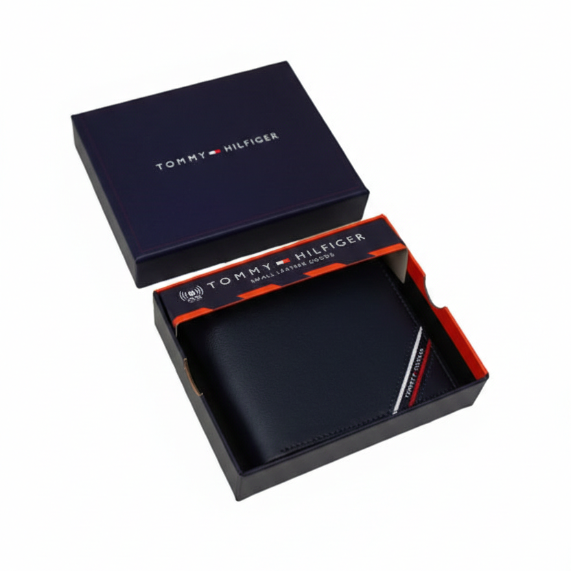 Tommy Hilfiger navy blue leather wallet with diagonal stripe corner presented inside open official gift box