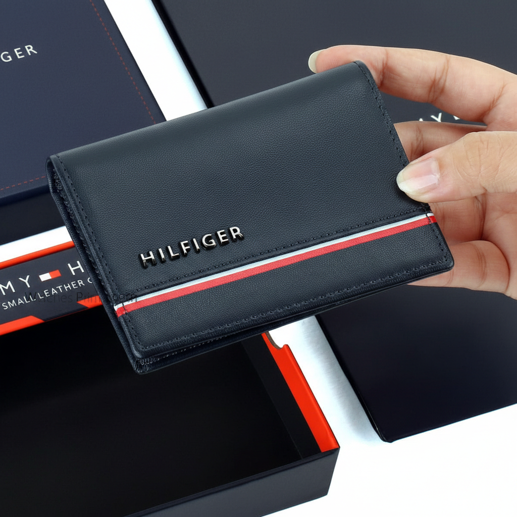 Handheld perspective of a Tommy Hilfiger navy blue leather bifold card case wallet highlighting the compact design and premium textured finish