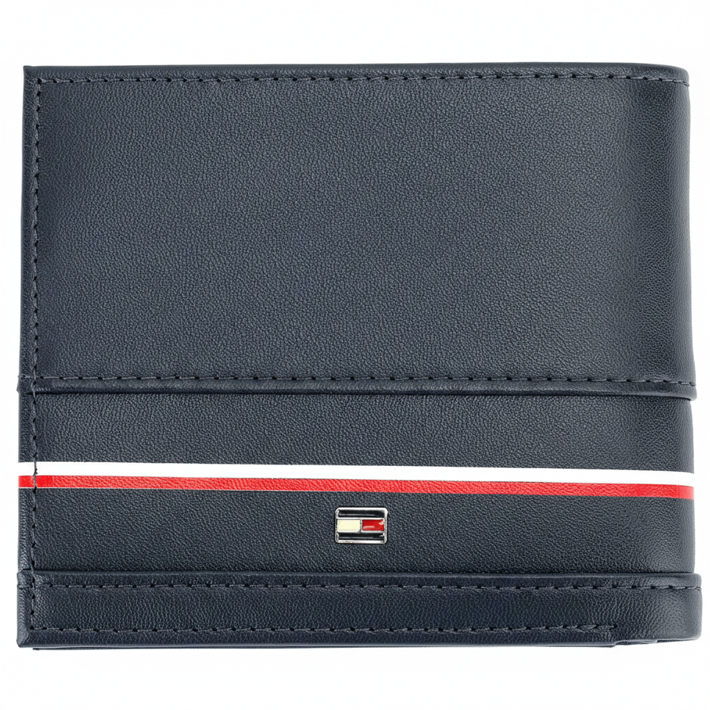 Navy blue wallet with red and white stripe and Tommy Hilfiger logo on a white background