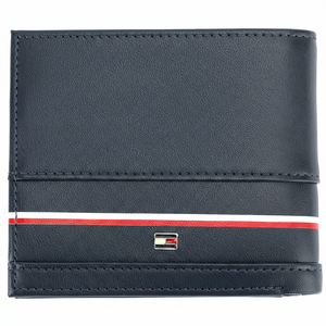 Navy blue wallet with red and white stripe and Tommy Hilfiger logo on a white background