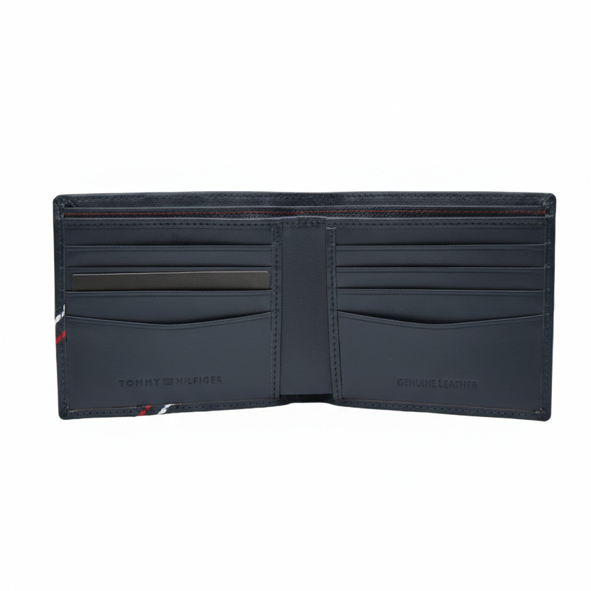 Angled closed view of Tommy Hilfiger navy blue men's wallet highlighting smooth leather and signature tricolor diagonal stripe on the corner