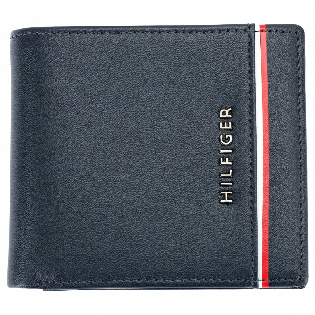 High-detail close-up of the embossed Hilfiger branding and silver metal logo on a navy blue Tommy Hilfiger genuine leather wallet